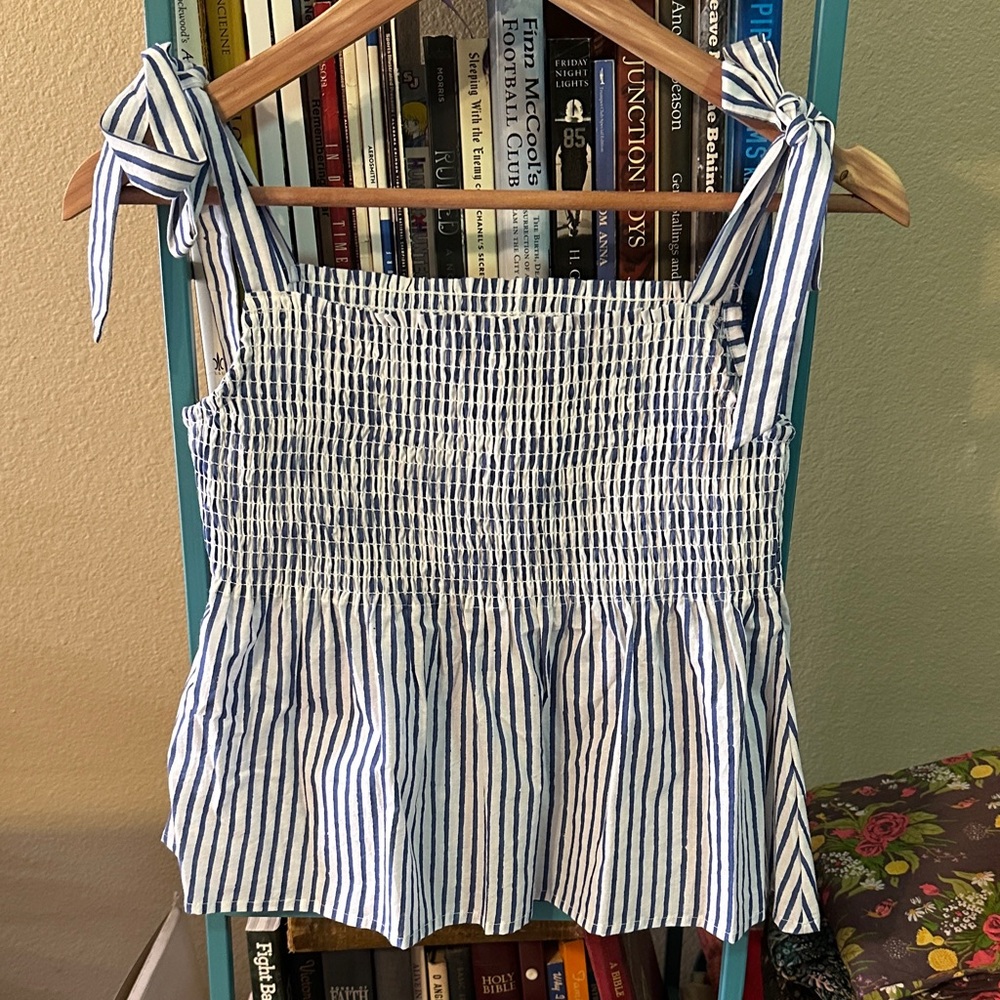 Lekha Blue and White Stripe Smocked Tie-Shoulder Cotton Tank Top